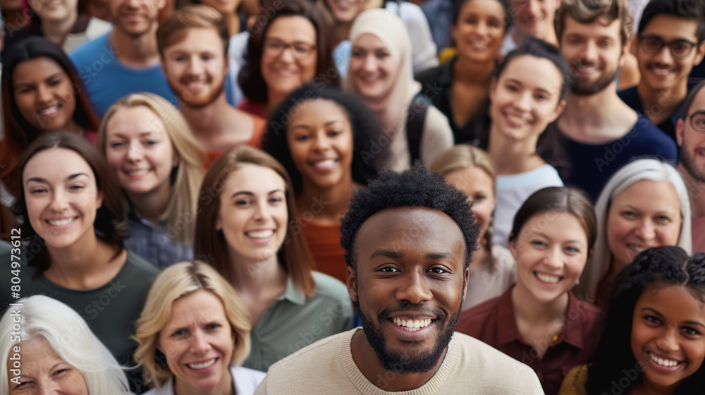 From directly above multi ethnic large group of people looking at camera From directly above multi ethnic large group of people looking at camera