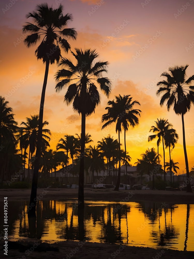 Bathed in Golden Light, Silhouetted Palm Trees Stand Tall Against the Vibrant Hues of a Tropical Sunrise or Sunset.