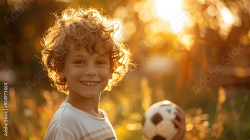 Cheerful boy with curly hair holding a football, joy in a sunlit field