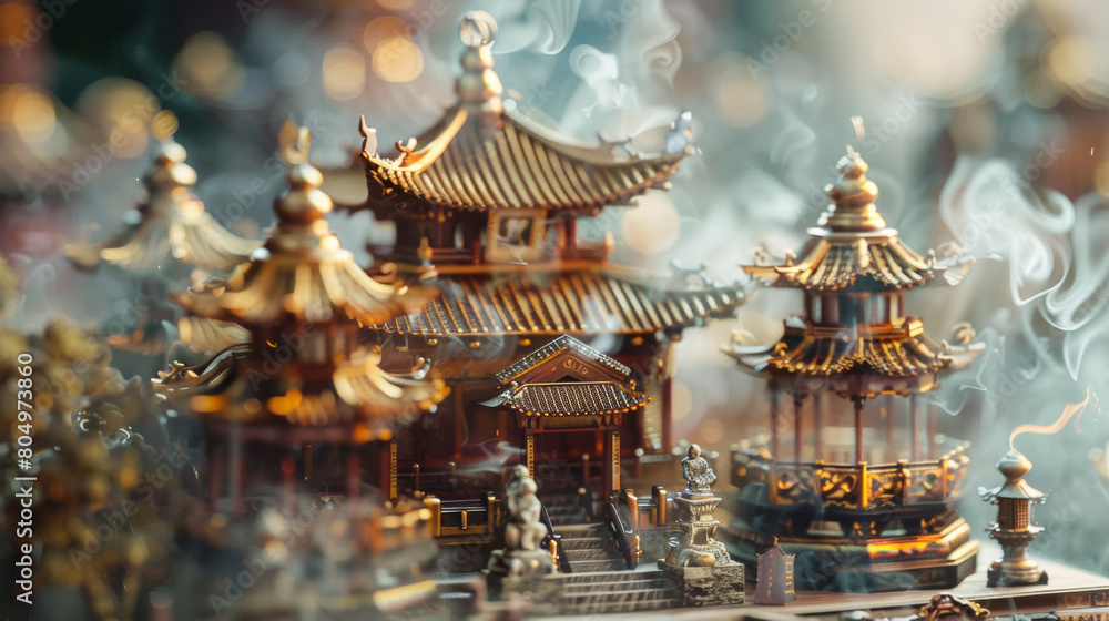 Obraz premium Magnificent Chinese-style Miniature Palaces Crafted from Amethyst and Gold, Surrounded by Bronze Statues and Smoke