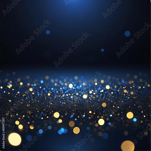 abstract background with Dark blue and gold particle. Christmas Golden light bokeh on navy blue background. black bokeh background black texture dark Gold foil texture. Holiday concept. ai