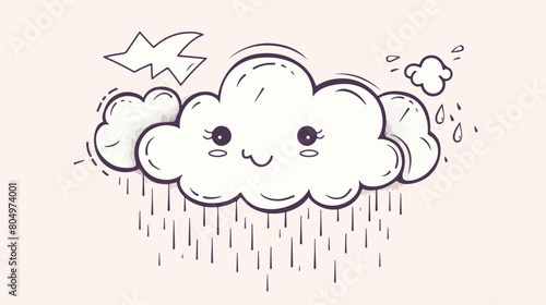 Kawaii cloud with rain and thunderbolt in monochrom