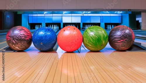 Colorful neon bowling balls on polished lane in modern bowling alley  vibrant and bright setting