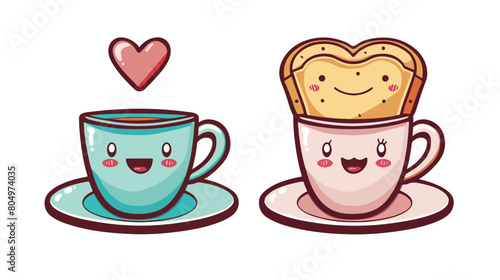 Kawaii coffee cup and bread slice on dish in colorful