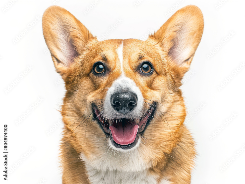 Close-up shot of a corgi dog smiling at the camera on white background.