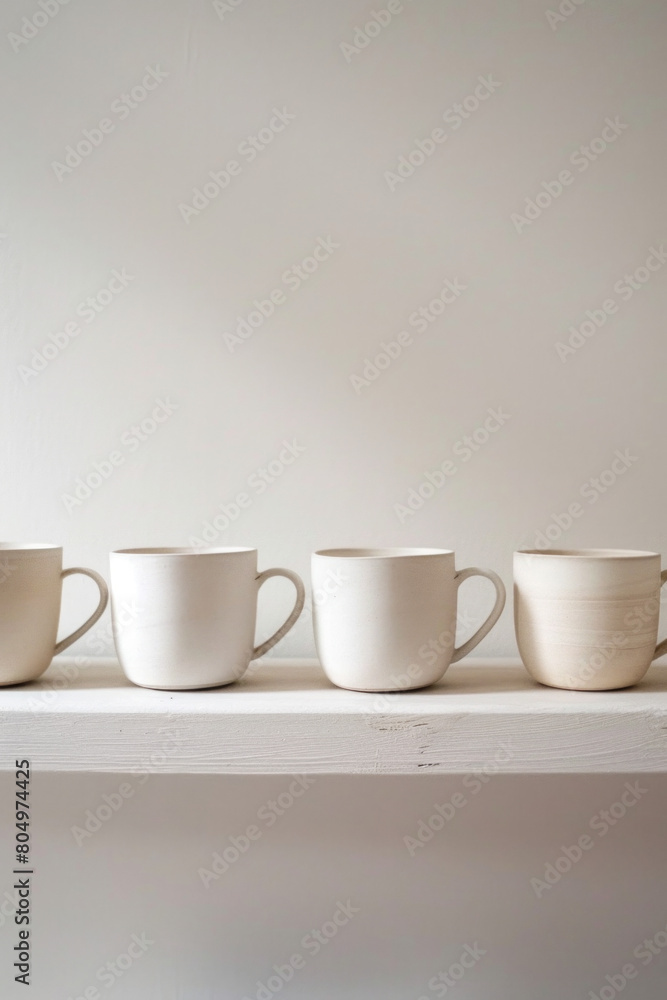 A series of minimalist ceramic or porcelain mugs with clean lines and matte finishes, arranged in a row on a solid-colored shelf, inviting relaxation and indulgence with every sip. A series of minimalist ceramic or porcelain mugs with clean lines and matte finishes, arranged in a row on a solid-colored shelf, inviting relaxation and indulgence with every sip.