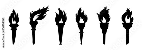 Vector burning flame torches black shapes set icons isolated on white background. Sport flat style games victory silhouette symbols collections. Winner abstract sign.