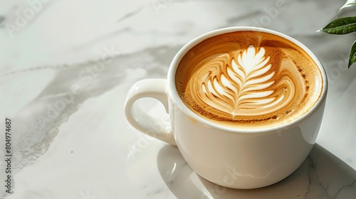A wide angle of a latte with intricate leaf-design latte art  in a minimalist white mug on a marble countertop