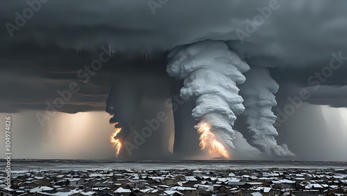 A storm with two large clouds and a fire in the middle