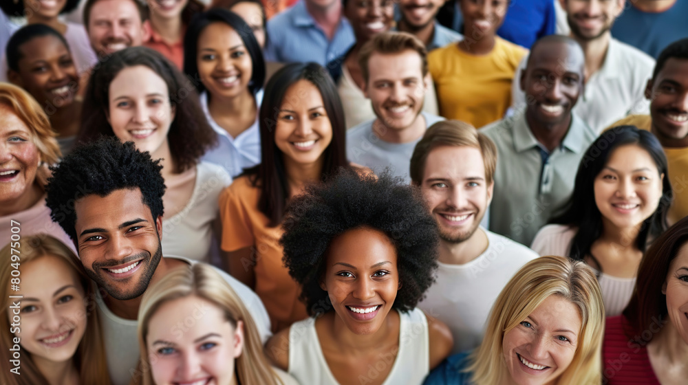 From directly above multi ethnic large group of people looking at camera From directly above multi ethnic large group of people looking at camera