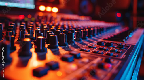 Highly detailed image of a professional audio mixing console with glowing lights in a music studio.
