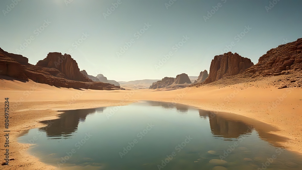 A desert landscape with a large body of water in the middle