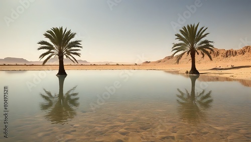 Two palm trees are reflected in the water of a desert lake