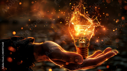 Innovate idea bulb light in business man's  hand photo