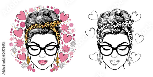2024 mother day motherhood vector design, messy bun hair mama wildflowers illustrastion with leopard patteern