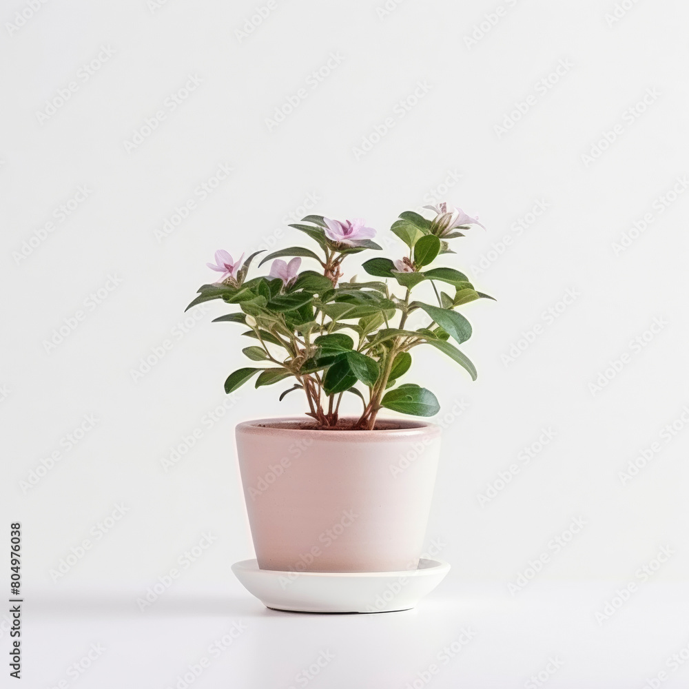 Obraz premium Serene potted plant with delicate purple flowers, isolated on a clean white backdrop
