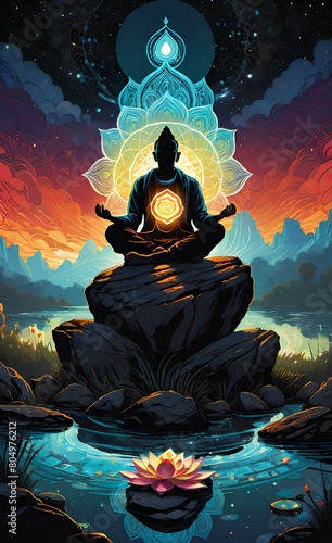 Silhouette of man sitting in lotus pose on rock in nature with his chakra glowing on him.