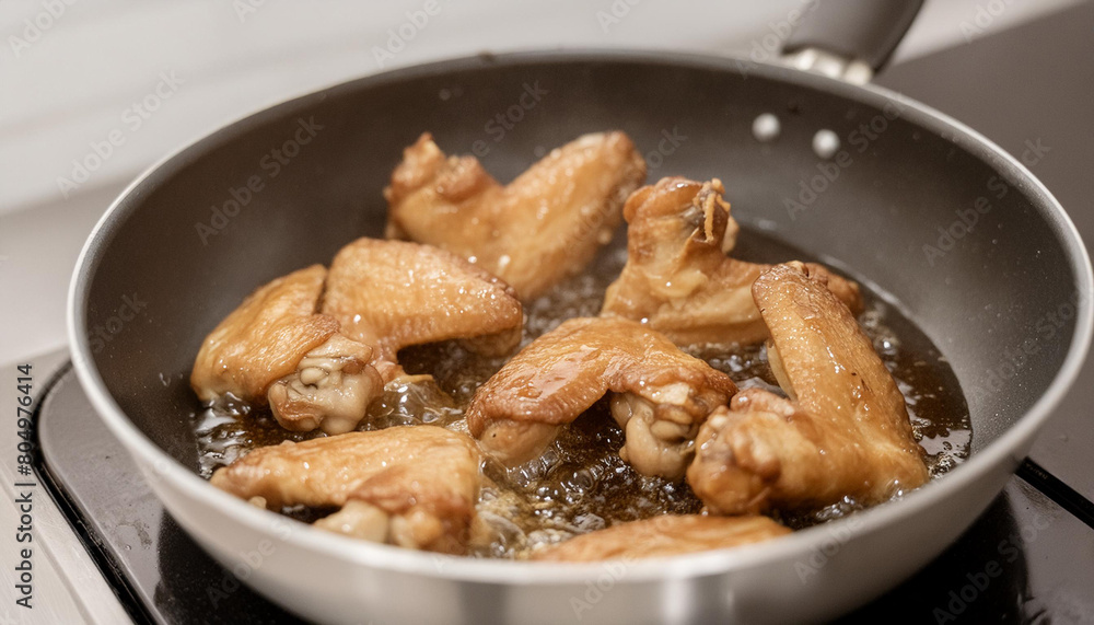 Close-up of chicken wings being fried in sauce in frying pan in a professional kitchen Close-up of chicken wings being fried in sauce in frying pan in a professional kitchen
