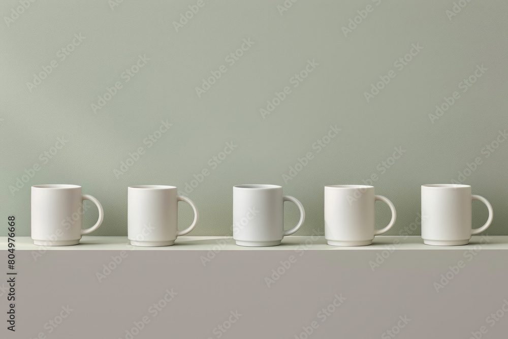 Fototapeta premium A series of minimalist ceramic or porcelain mugs with clean lines and matte finishes, arranged in a row on a solid-colored shelf, inviting relaxation and indulgence with every sip.