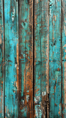 Vintage Weathered Wood Wall with Dark Green   Turquoise Planks