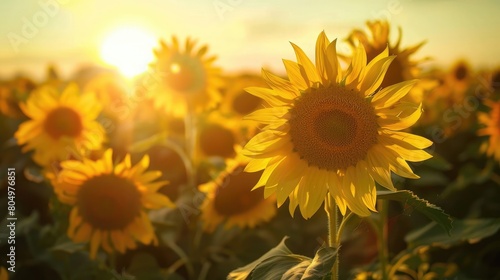 Sunflower field at sunrise with bright sun in the background