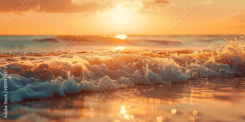 Seashore sunset landscape with waves hitting the shore.