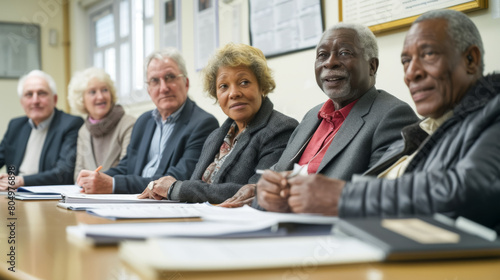 A group of older people are sitting at a table with papers in front of them
