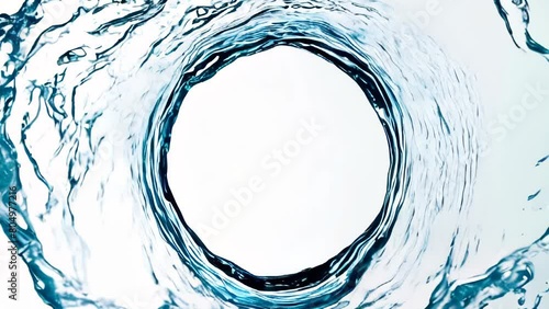Circle motion of pure water splash with empty round copy space at center Isolated on white background. Water circle mockup. Good for cosmetial banner, advertisiment promo design.   photo