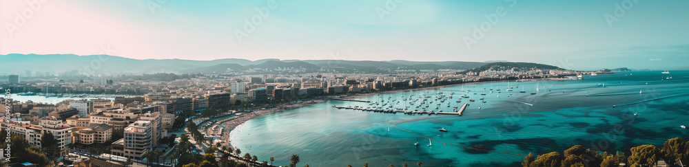 A panoramic view of Palma de Mallorca, showcasing the city skyline with beautiful buildings and orange-roofed structures against the backdrop of the sea. On the left side, a sandy beach stretches 