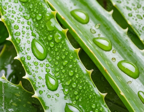 Close up of vibrant green aloe vera leaves with glistening water droplets fresh and captivating
