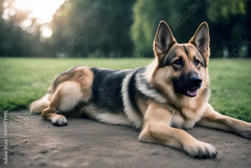 'park young dog purebreed alsatian pedigree park1 german shepherd animal attention attentive breed brown canino clever cleverness companion curiosity curious cute domestic friends full-length grass' photo