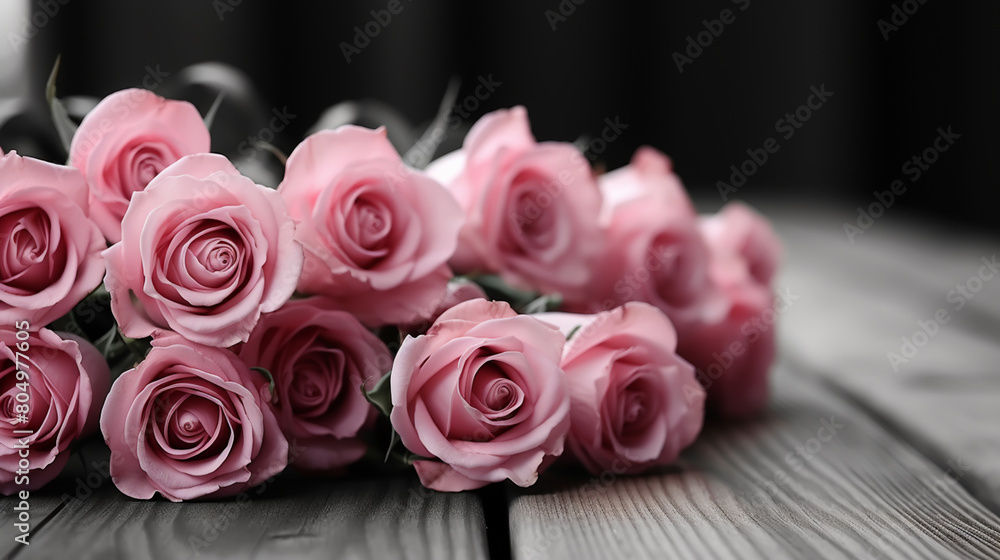 Pink roses and petals on wooden desk Pink roses and petals on wooden desk