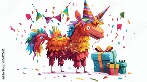 Mexican pinata with party hat and gifts on white background photo