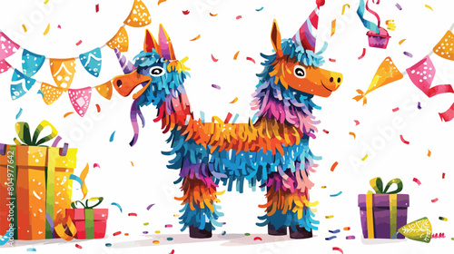 Mexican pinata with party hat and gifts on white background