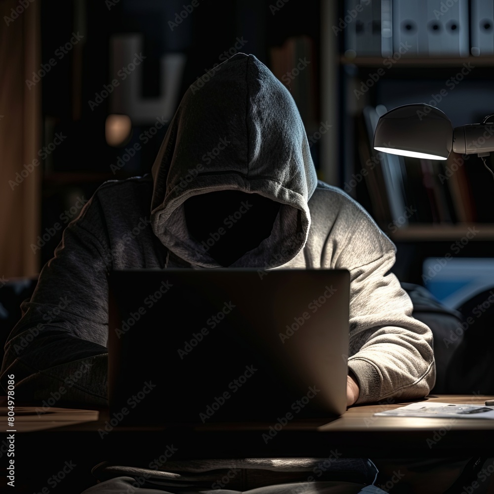 Person in a hoodie typing on a laptop in a dark room, face obscured, hinting at online secrecy or hacking Person in a hoodie typing on a laptop in a dark room, face obscured, hinting at online secrecy or hacking