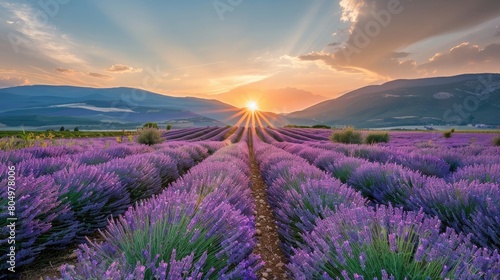 Sunset over a blooming lavender field with distant mountains
