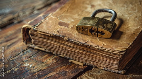 Closeup of a padlock on an old diary, a personal symbol of protecting private thoughts and memories