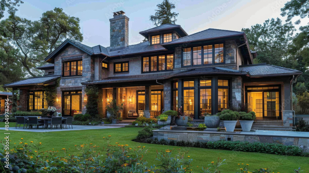 Luxurious modern home exterior showcased at twilight, featuring expansive windows and elegant landscaping. Luxurious modern home exterior showcased at twilight, featuring expansive windows and elegant landscaping.