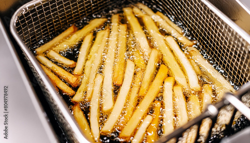 Close-up of french fries being fried in professional kitchen in a deep fryer