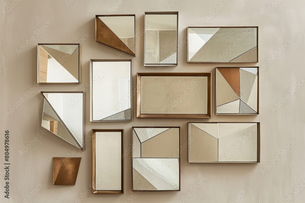 A collection of modern geometric wall mirrors in various sizes and finishes, arranged in a cluster on a colored background. A collection of modern geometric wall mirrors in various sizes and finishes, arranged in a cluster on a colored background.