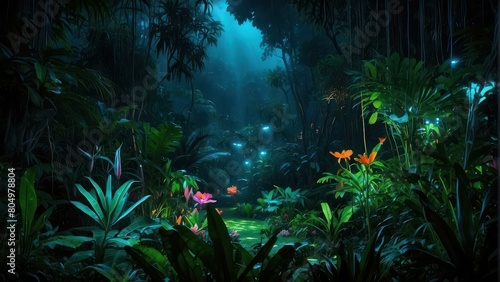 Mystical forest with glowing blue mushrooms and lush greenery