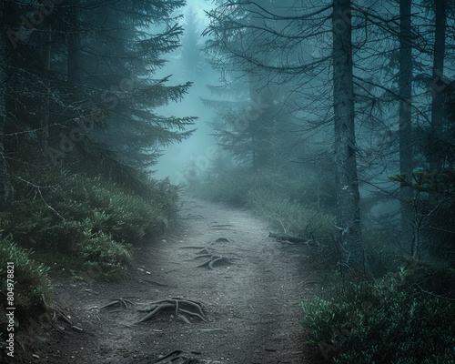 A foggy forest path leading to an unknown destination, evoking a sense of mystery and undisclosed locations , high definition photo