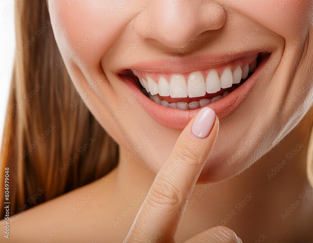 Fototapeta premium Woman lips beauty pointing finger to show healthy gums