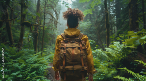 A young woman with a backpack hiking alone through a dense, misty forest, surrounded by lush greenery.