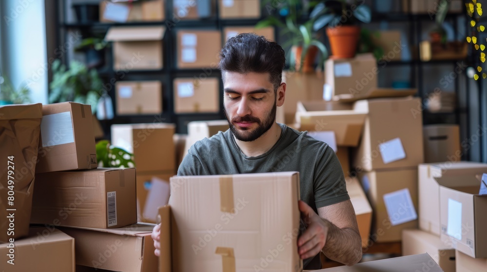 business man working with box for delivery at home office. shipping package or ecommerce logistics, Online sale. hyper realistic business man working with box for delivery at home office. shipping package or ecommerce logistics, Online sale. hyper realistic