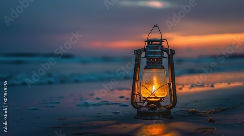 A lantern illuminates the beach as the sun sets  casting a warm glow over the water and sky. The landscape is transformed as dusk falls  creating a peaceful and picturesque scene for travelers AIG50