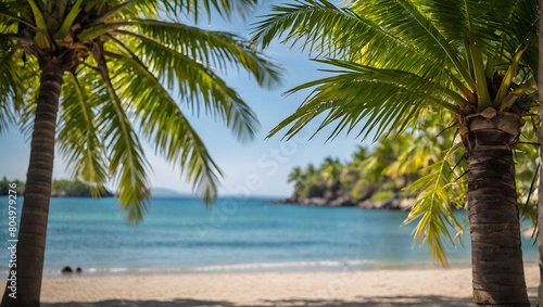 Capture the essence of summer, sun rays filtering through lush green palm tree leaves against a beach backdrop, evoking the quintessential vibes of a tropical paradise.