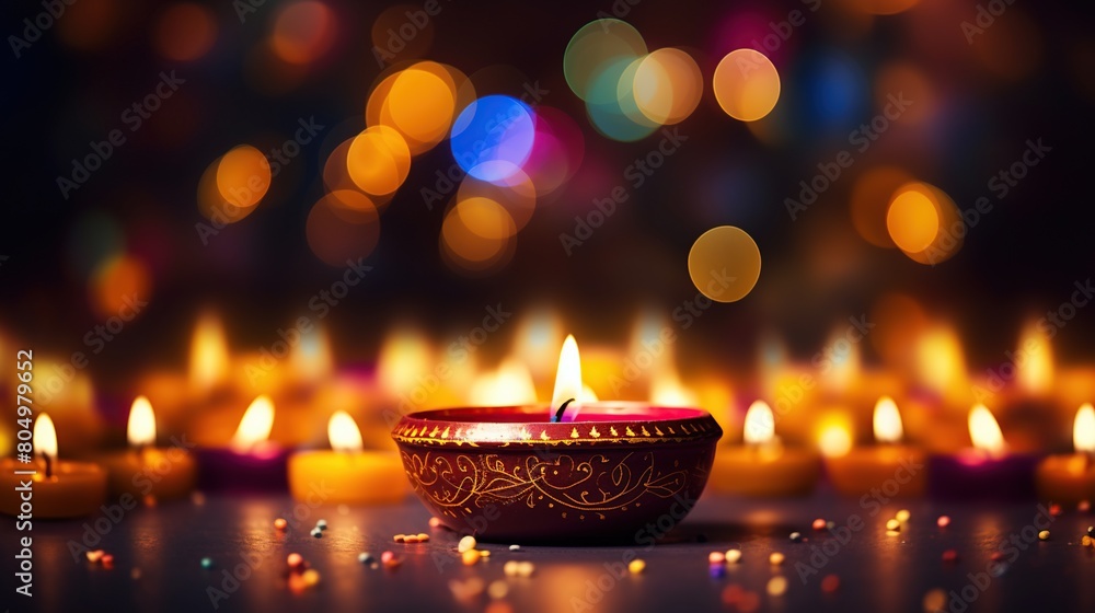 Diwali festival with traditional Diya oil lamps on blurred lighting background. Diwali festival with traditional Diya oil lamps on blurred lighting background.