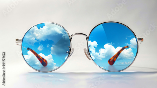 Stylish sunglasses with reflection of blue sky on white