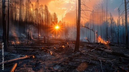 Sunrise over a burnt forest with charred trees and lingering smoke